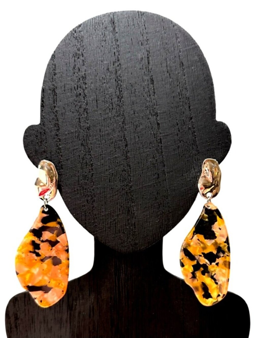 Acrylic Resin Drop Earrings With Abstract Gold Tone Studs Pink Black Mosaic Desi